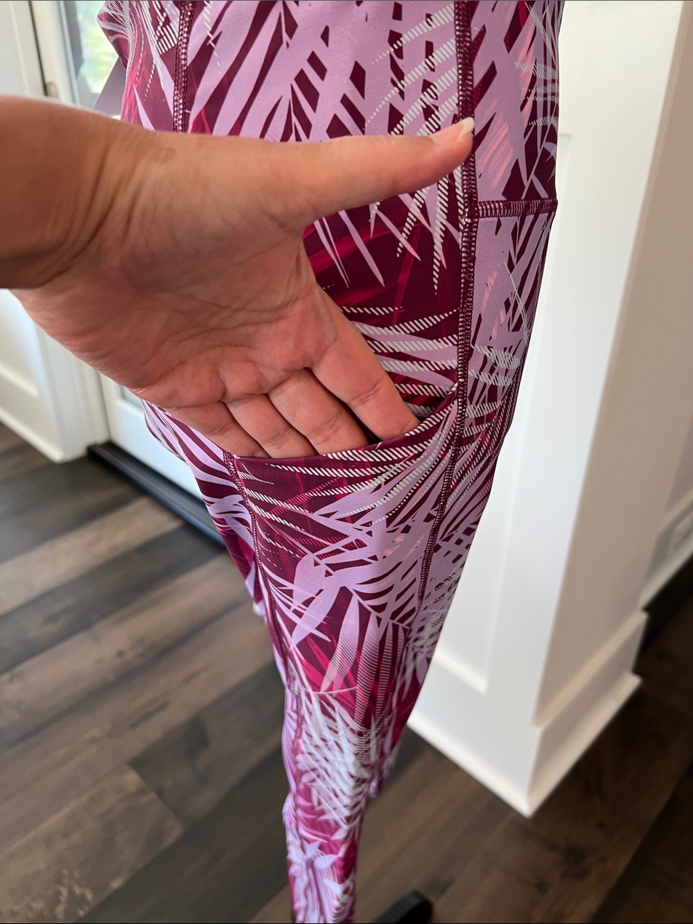 Double pocketed Tek Gear Pink and Burgundy Palm-Print Capri yoga pants - Picture 2 of 7